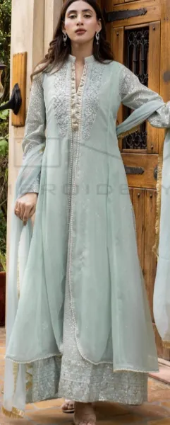 Pakistani Original Mona Embroidery Chiffon Stitched Gown 3 Pcs _ Mint 